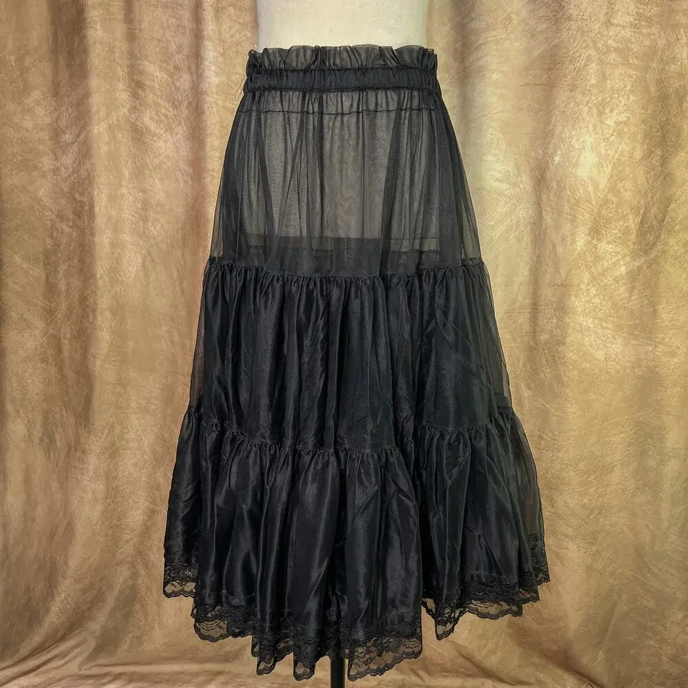 Vintage 60s Tiered Skirt Malco Modes Black Floral Lace Whimsigoth Steampunk Vtg